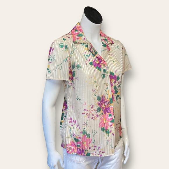 VTG Striped sheer yellow button up with purple floral prints size small - Picture 3 of 7